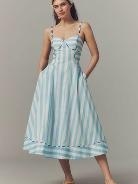 Rachel Antonoff Blue and White Striped Sweetheart Midi Dress
